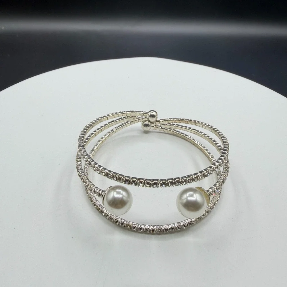 Clear Rhinestone Faux Pearl Silver Tone Triple Row Cuff Wrap Bracelet Bridal